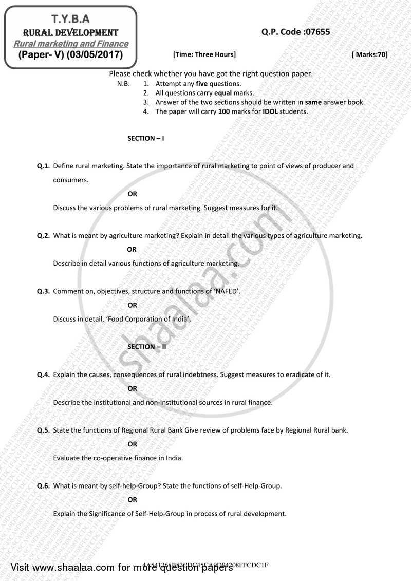Rural Marketing and Finance 2016-2017 - B.A. - 3rd Year (TYBA) - University of Mumbai question paper with PDF download