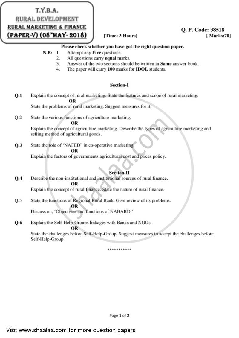 Rural Marketing and Finance 2017-2018 - B.A. - 3rd Year (TYBA) - University of Mumbai question paper with PDF download