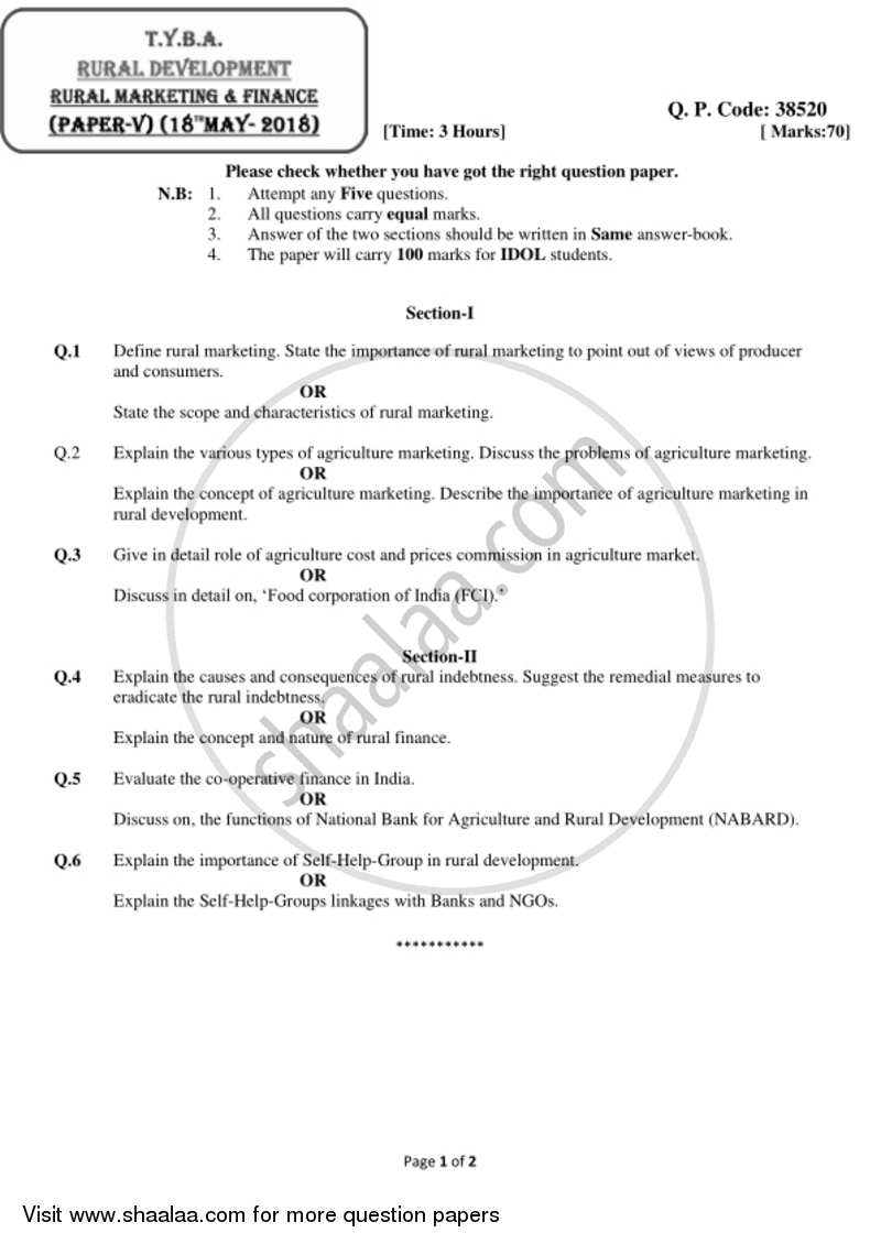 Rural Marketing and Finance 2017-2018 - B.A. - 3rd Year (TYBA) - University of Mumbai question paper with PDF download