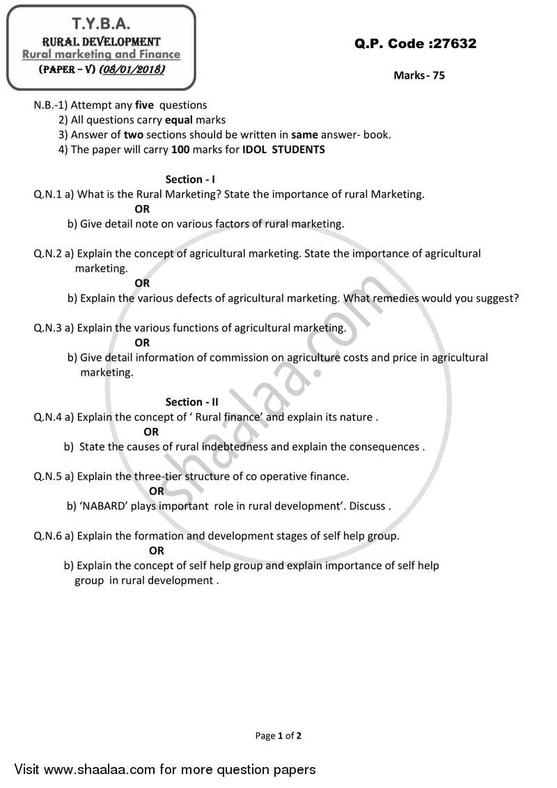 Rural Marketing and Finance 2017-2018 - B.A. - 3rd Year (TYBA) - University of Mumbai question paper with PDF download