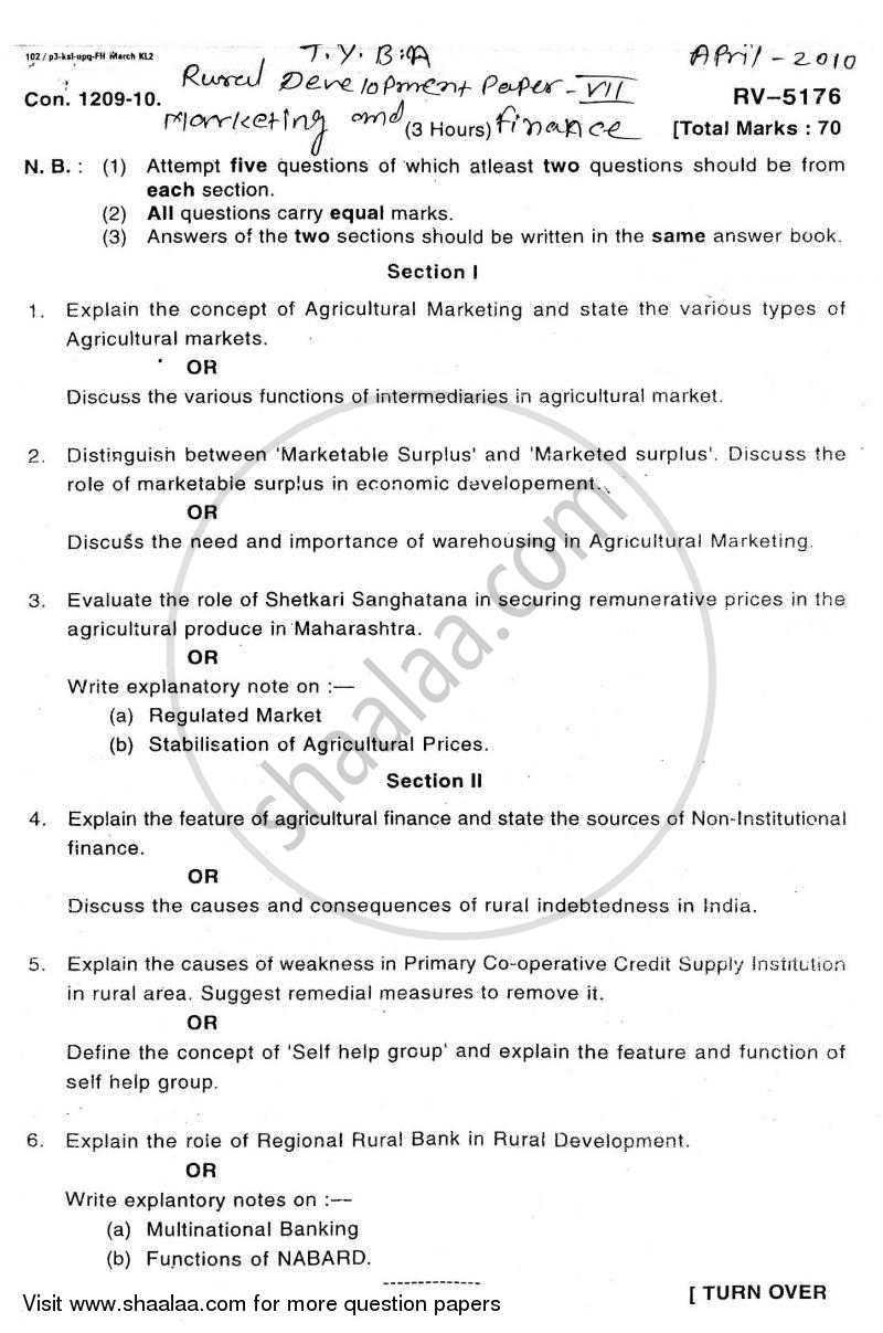 Rural Marketing and Finance 2009-2010 - B.A. - Semester 5 (TYBA) - University of Mumbai question paper with PDF download