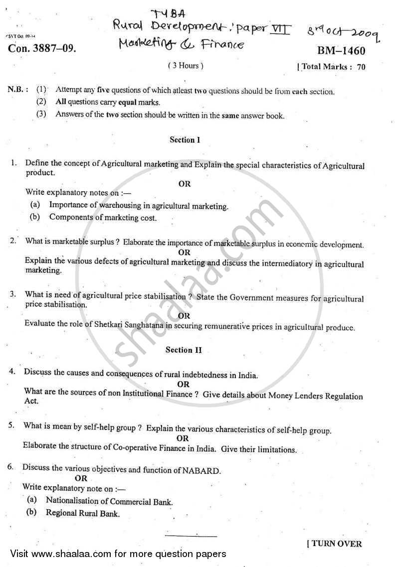 Rural Marketing and Finance 2009-2010 - B.A. - Semester 6 (TYBA) - University of Mumbai question paper with PDF download