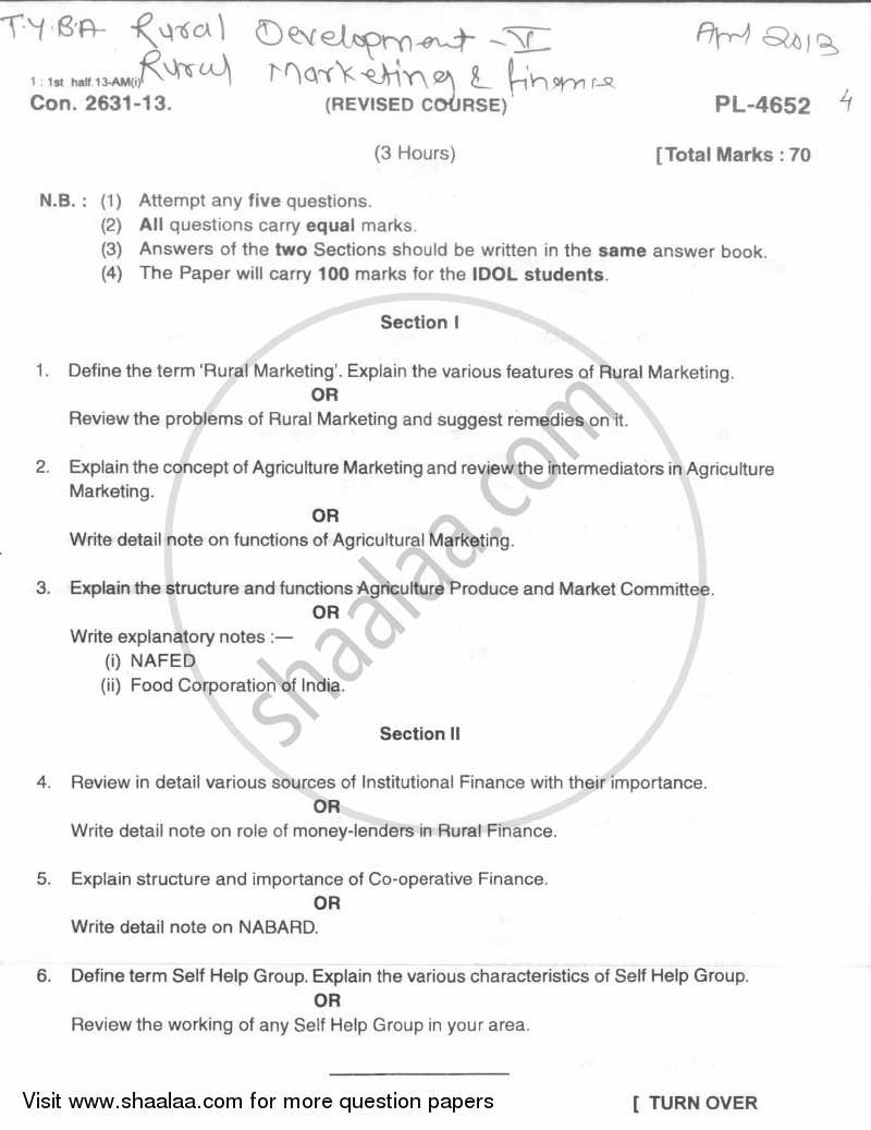 Rural Marketing and Finance 2012-2013 - B.A. - Semester 6 (TYBA) - University of Mumbai question paper with PDF download