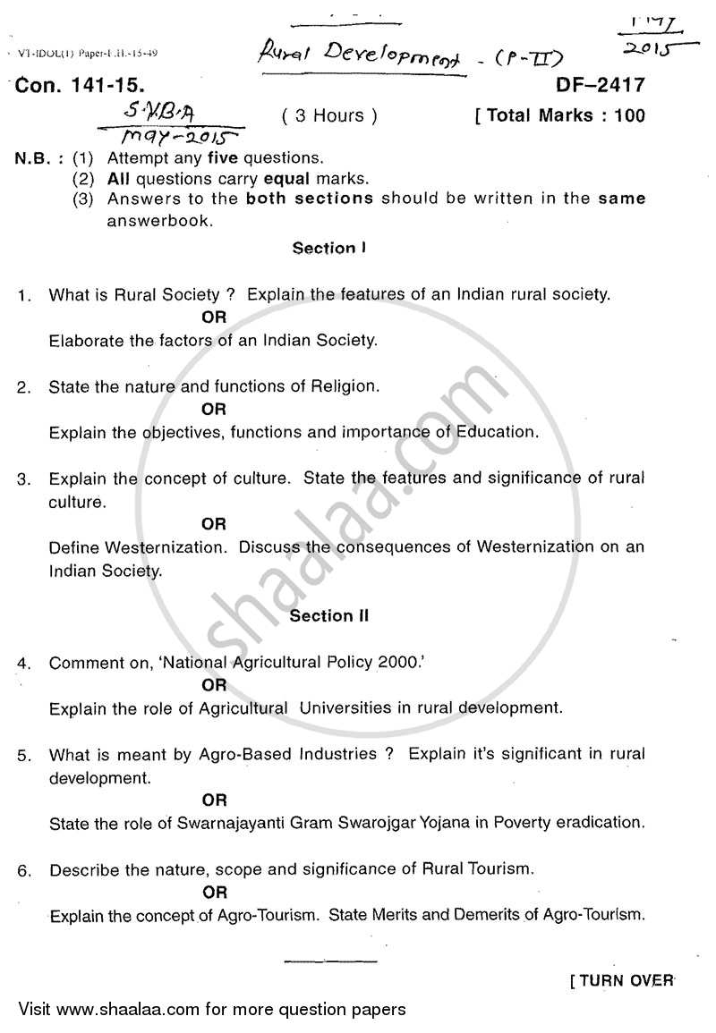 Rural Society and Its Development Strategies 2014-2015 - B.A. - 2nd Year (SYBA) - University of Mumbai question paper with PDF download