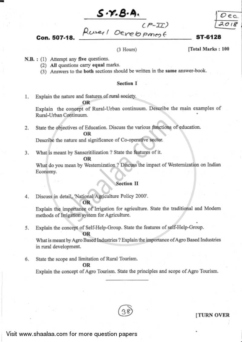 Rural Society and Its Development Strategies 2017-2018 - B.A. - 2nd Year (SYBA) - University of Mumbai question paper with PDF download