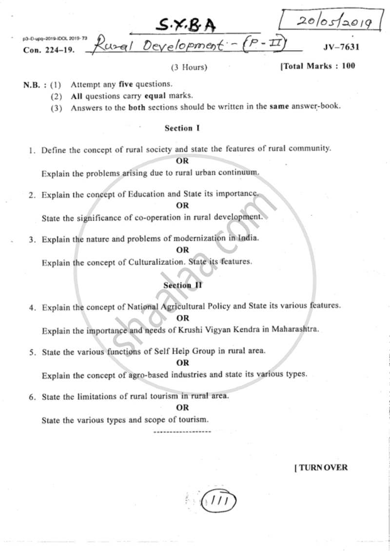 Rural Society and Its Development Strategies 2018-2019 - B.A. - 2nd Year (SYBA) - University of Mumbai question paper with PDF download