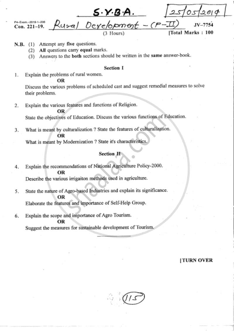 Rural Society and Its Development Strategies 2018-2019 - B.A. - 2nd Year (SYBA) - University of Mumbai question paper with PDF download