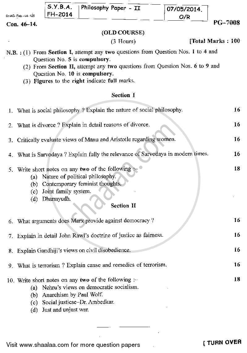 Social and Political Philosophy 2013-2014 - B.A. - 2nd Year (SYBA) - University of Mumbai question paper with PDF download