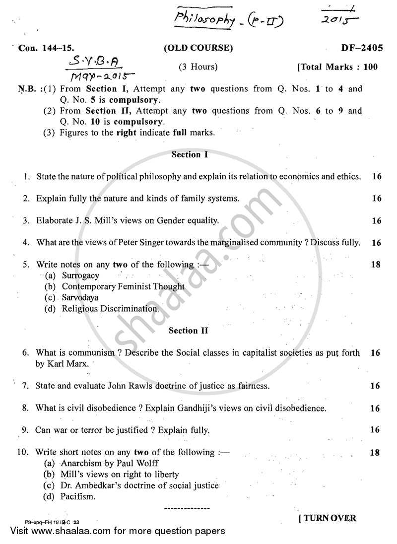 Social and Political Philosophy 2014-2015 - B.A. - 2nd Year (SYBA) - University of Mumbai question paper with PDF download