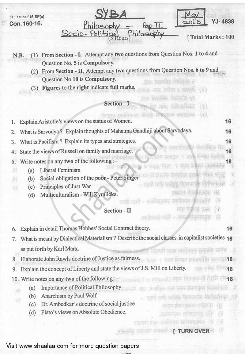 Social and Political Philosophy 2015-2016 - B.A. - 2nd Year (SYBA) - University of Mumbai question paper with PDF download