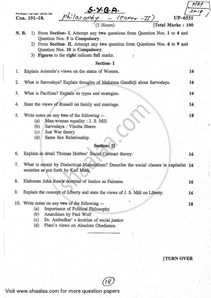 Social and Political Philosophy 2017-2018 - B.A. - 2nd Year (SYBA) - University of Mumbai question paper with PDF download