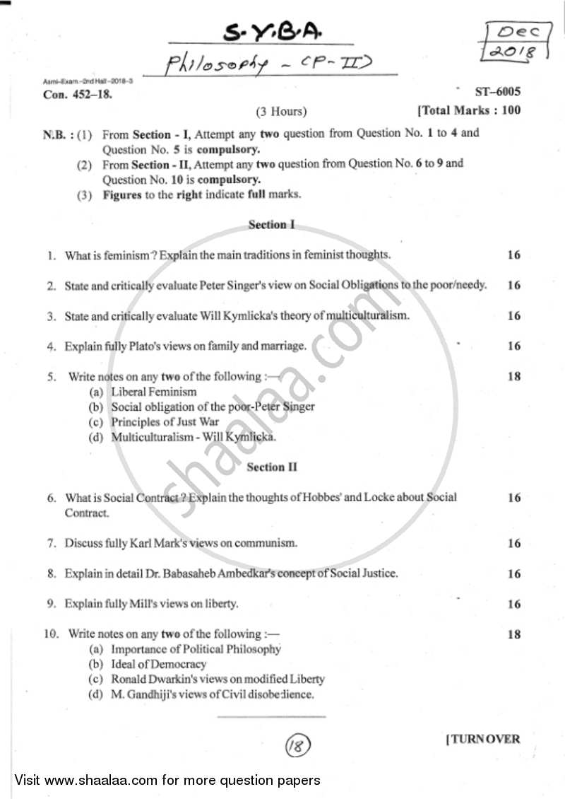 Social and Political Philosophy 2017-2018 - B.A. - 2nd Year (SYBA) - University of Mumbai question paper with PDF download