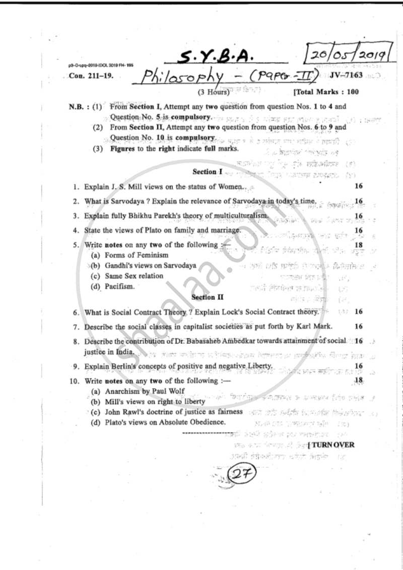 Social and Political Philosophy 2018-2019 - B.A. - 2nd Year (SYBA) - University of Mumbai question paper with PDF download