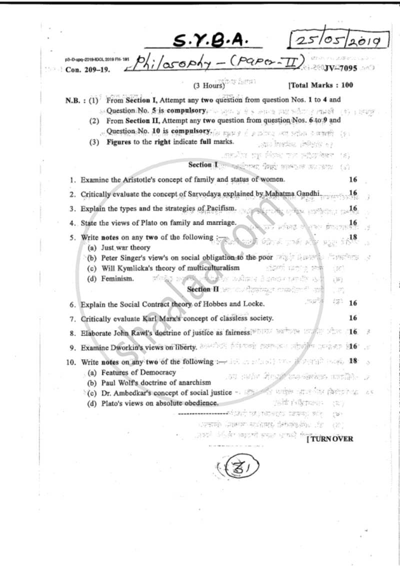 Social and Political Philosophy 2018-2019 - B.A. - 2nd Year (SYBA) - University of Mumbai question paper with PDF download