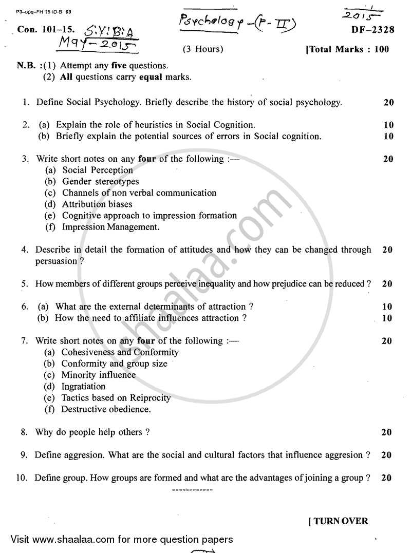 Social Psychology 2014-2015 - B.A. - 2nd Year (SYBA) - University of Mumbai question paper with PDF download