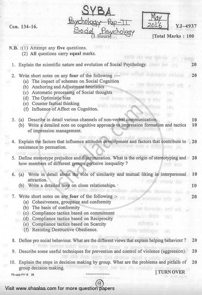 Social Psychology 2015-2016 - B.A. - 2nd Year (SYBA) - University of Mumbai question paper with PDF download