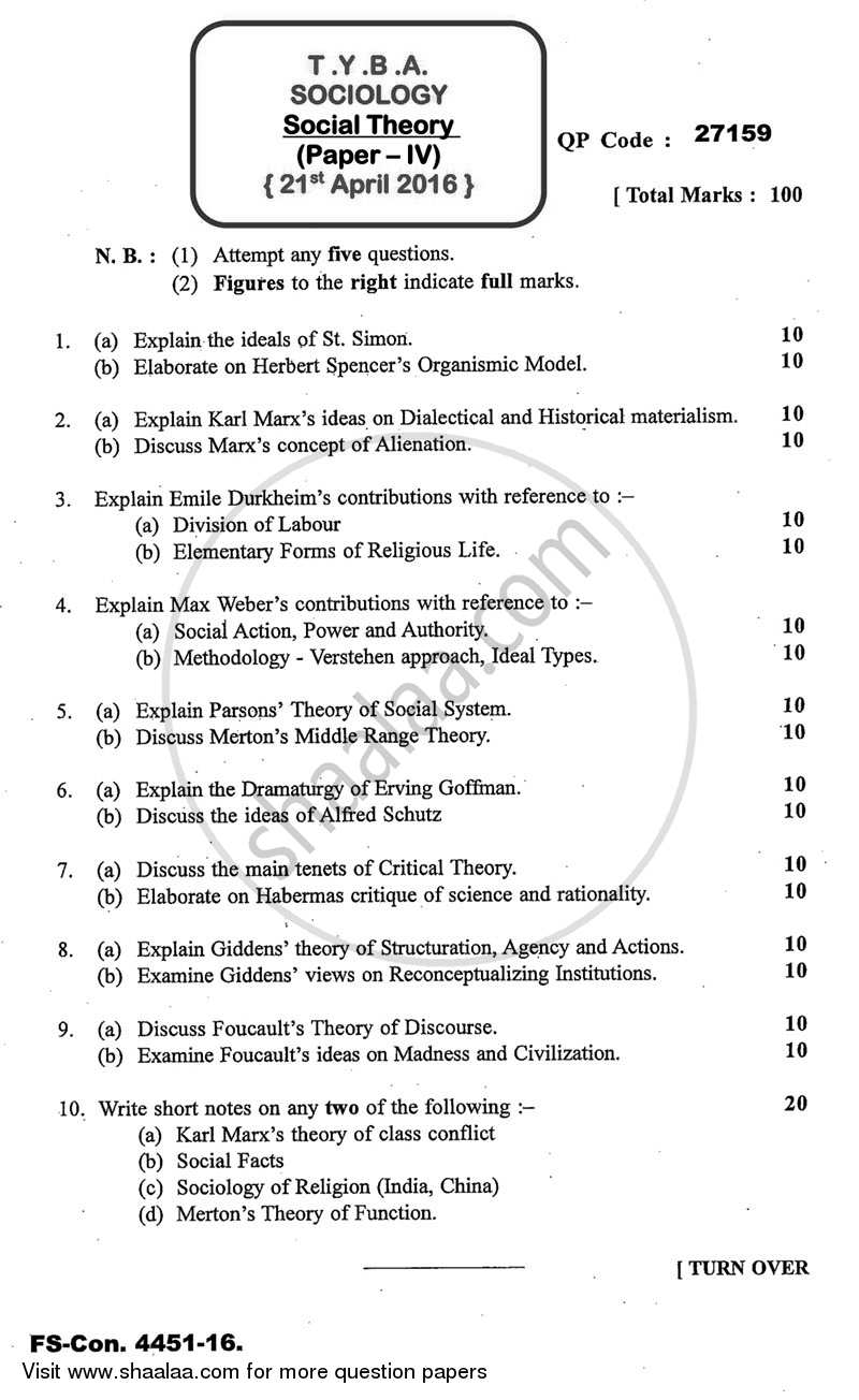 Social Theory 2015-2016 - B.A. - 3rd Year (TYBA) - University of Mumbai question paper with PDF download