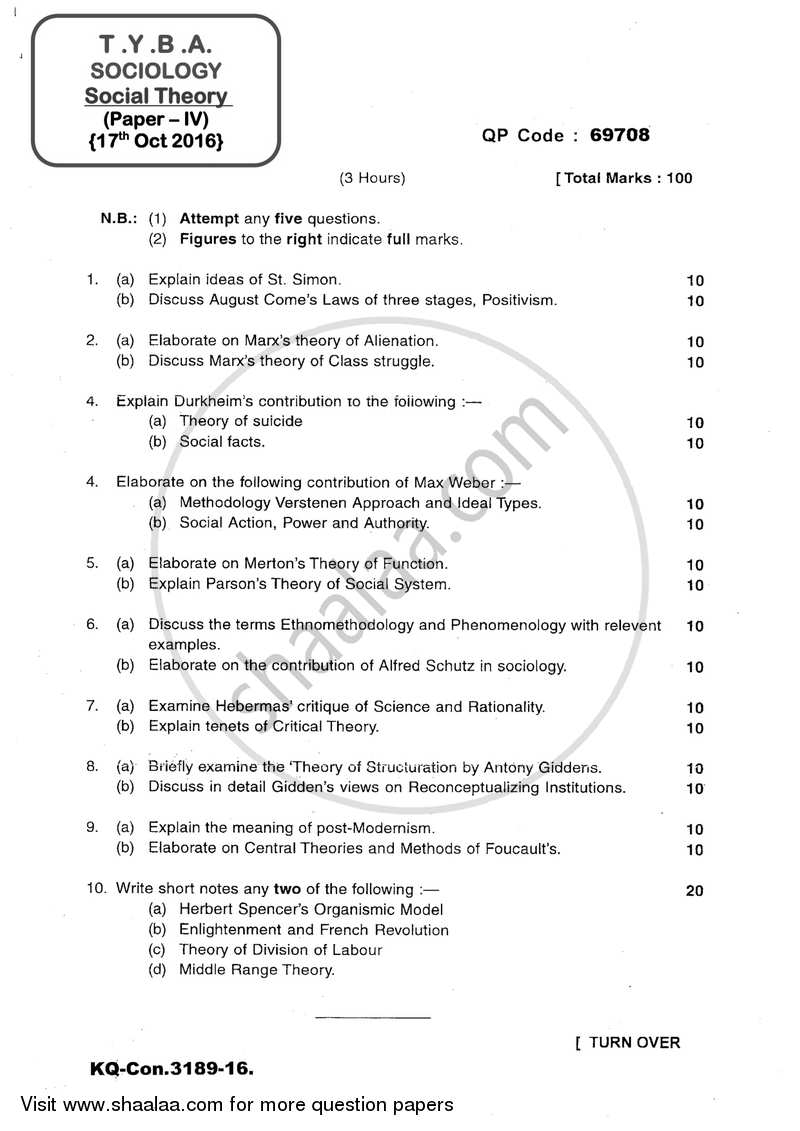 Social Theory 2016-2017 - B.A. - 3rd Year (TYBA) - University of Mumbai question paper with PDF download