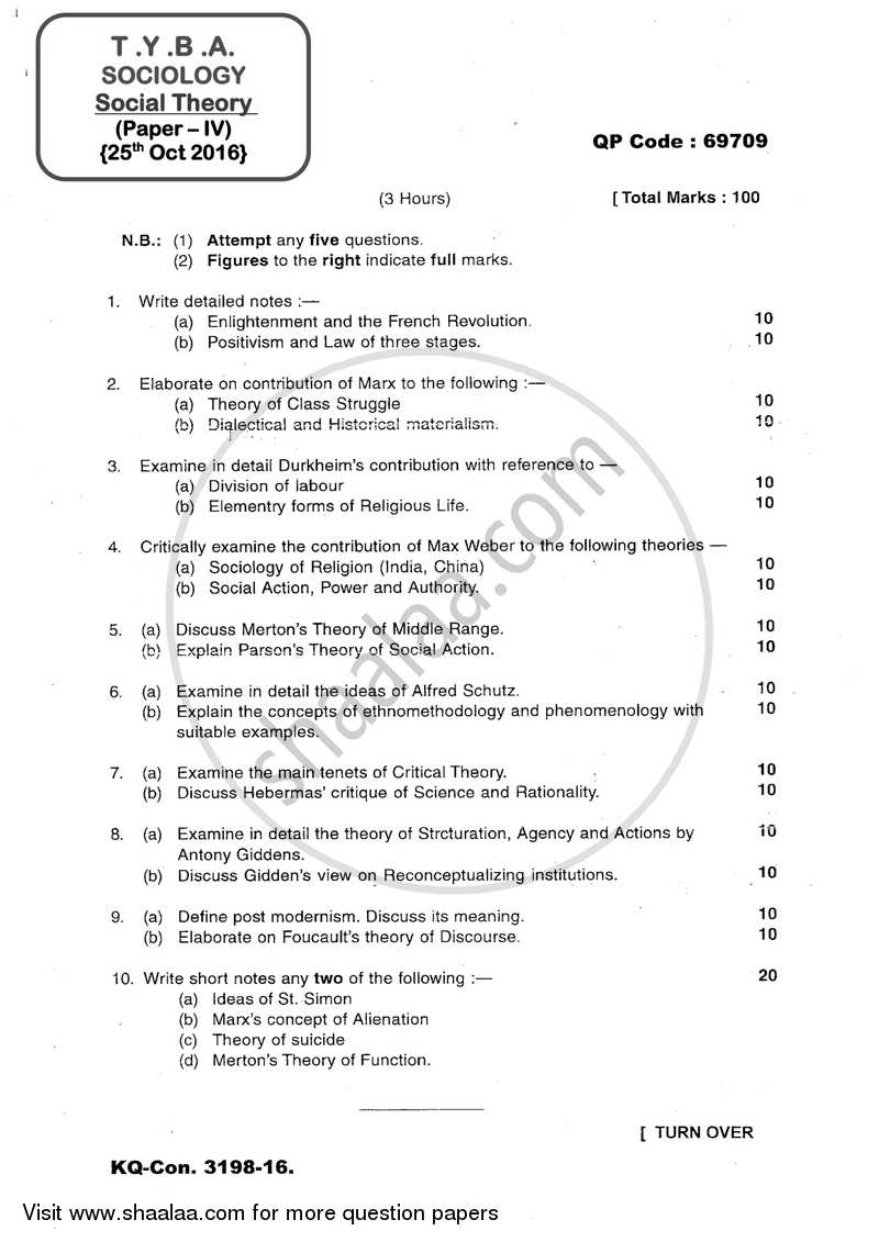 Social Theory 2016-2017 - B.A. - 3rd Year (TYBA) - University of Mumbai question paper with PDF download