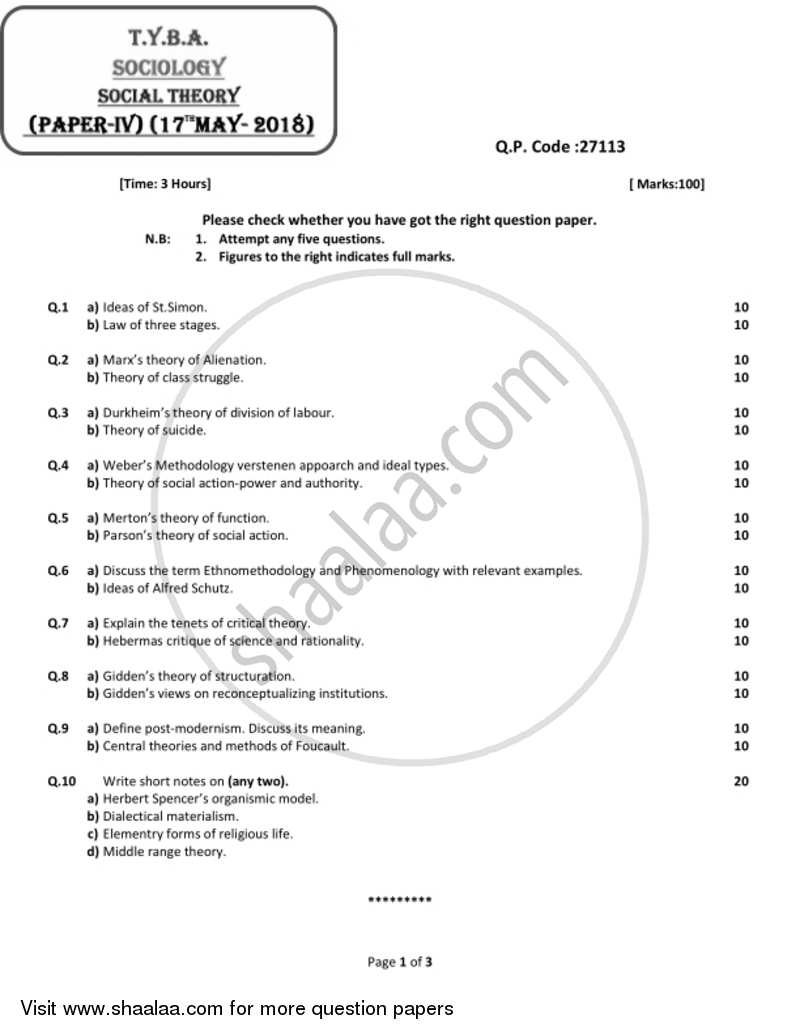 Social Theory 2017-2018 - B.A. - 3rd Year (TYBA) - University of Mumbai question paper with PDF download
