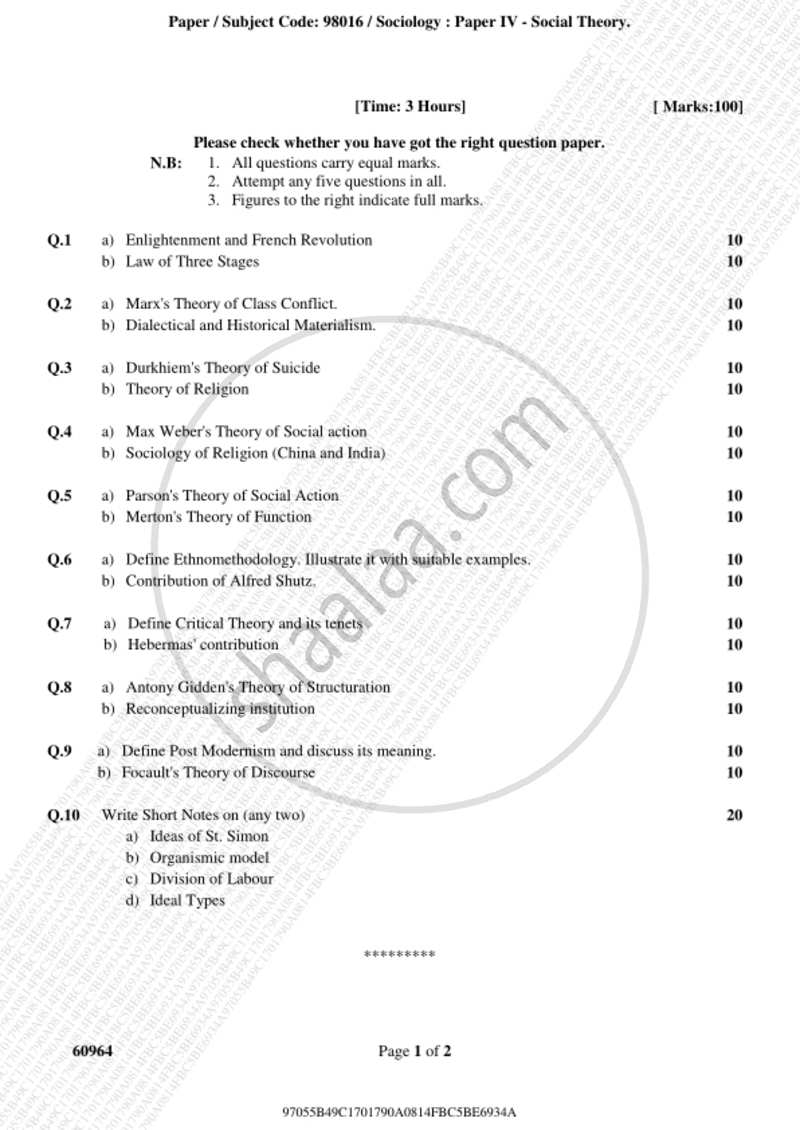 Social Theory 2018-2019 - B.A. - 3rd Year (TYBA) - University of Mumbai question paper with PDF download