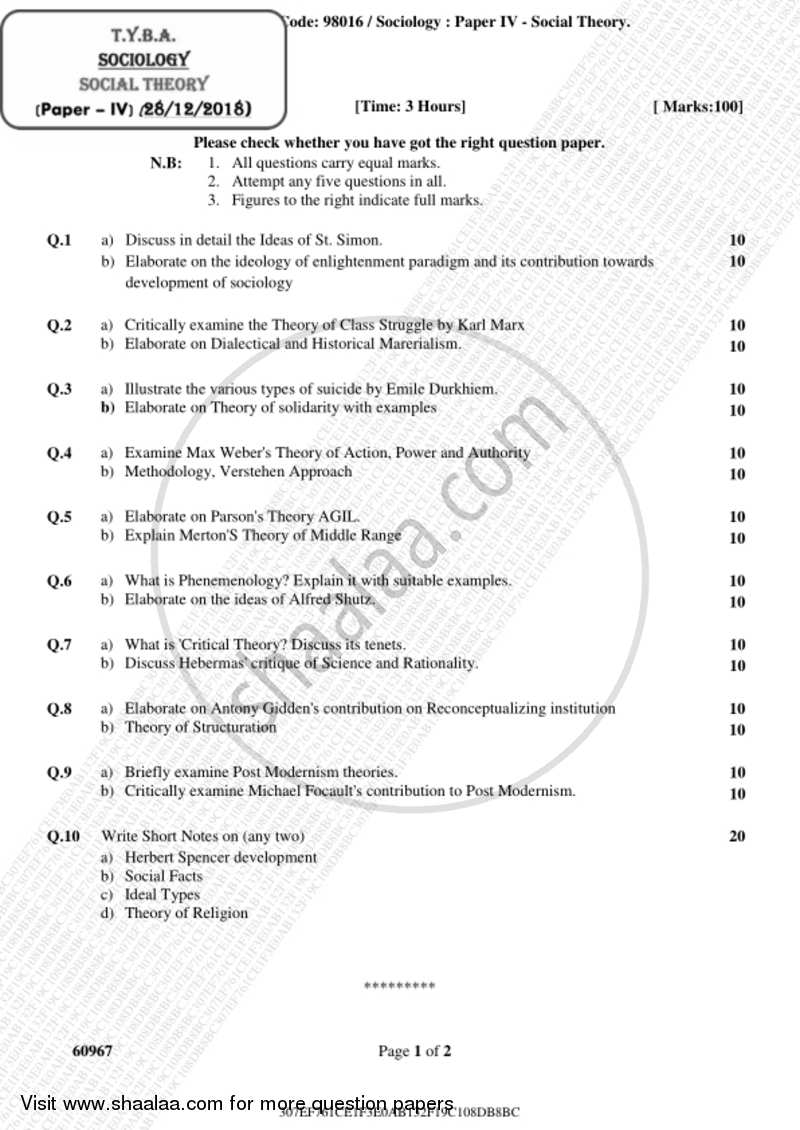 Social Theory 2018-2019 - B.A. - 3rd Year (TYBA) - University of Mumbai question paper with PDF download