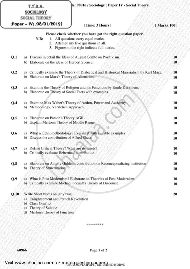 Social Theory 2018-2019 - B.A. - 3rd Year (TYBA) - University of Mumbai question paper with PDF download