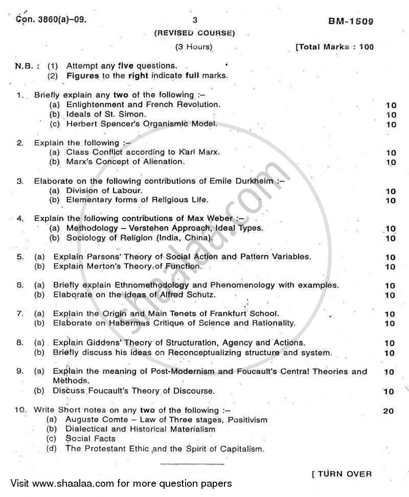 Social Theory 2009-2010 - B.A. - Semester 6 (TYBA) - University of Mumbai question paper with PDF download