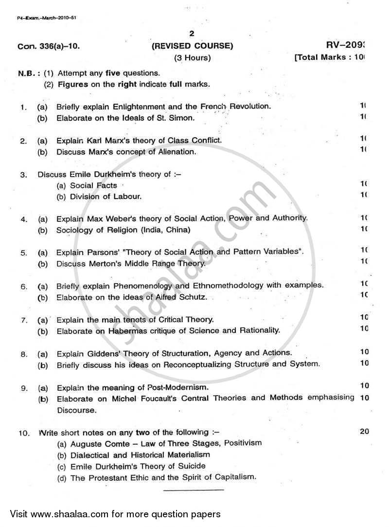 Social Theory 2009-2010 - B.A. - Semester 6 (TYBA) - University of Mumbai question paper with PDF download