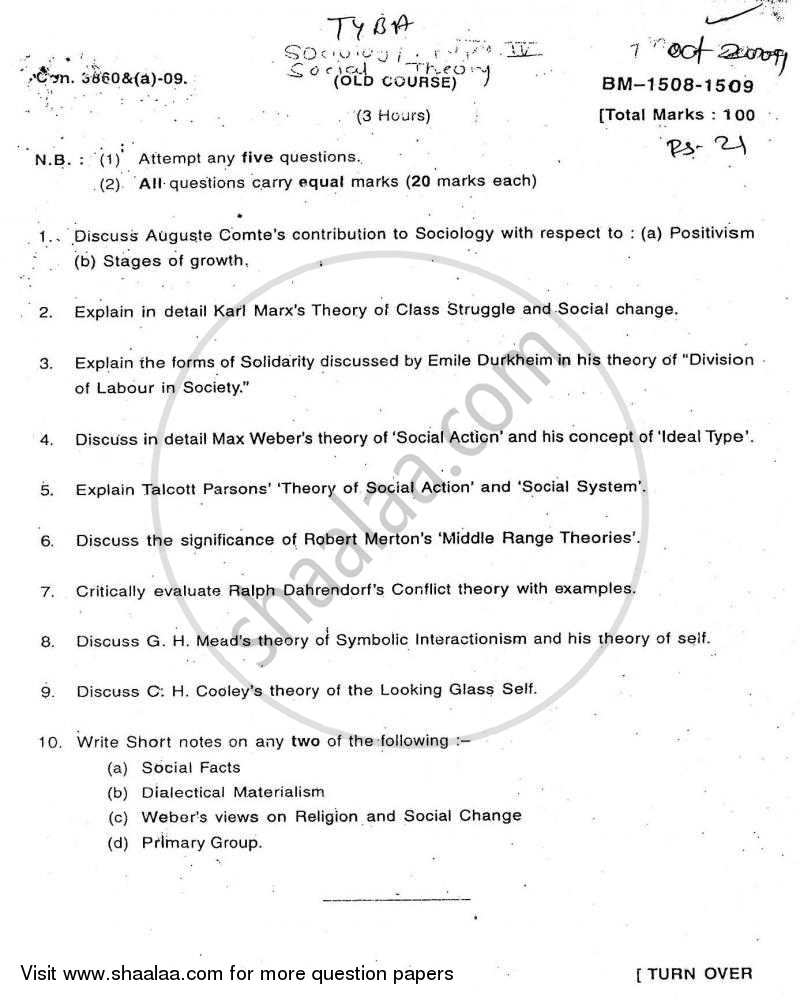 Social Theory 2009-2010 - B.A. - Semester 6 (TYBA) - University of Mumbai question paper with PDF download