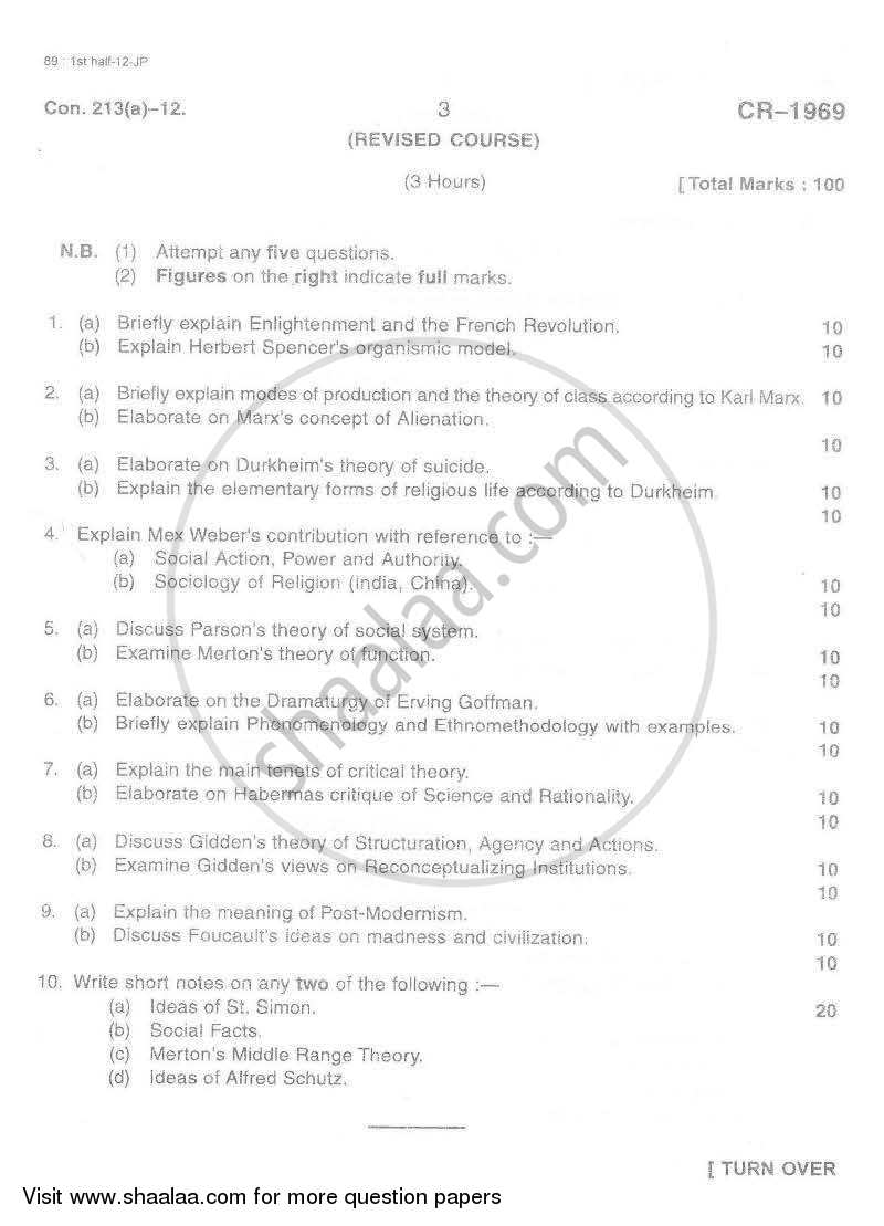 Social Theory 2011-2012 - B.A. - Semester 6 (TYBA) - University of Mumbai question paper with PDF download