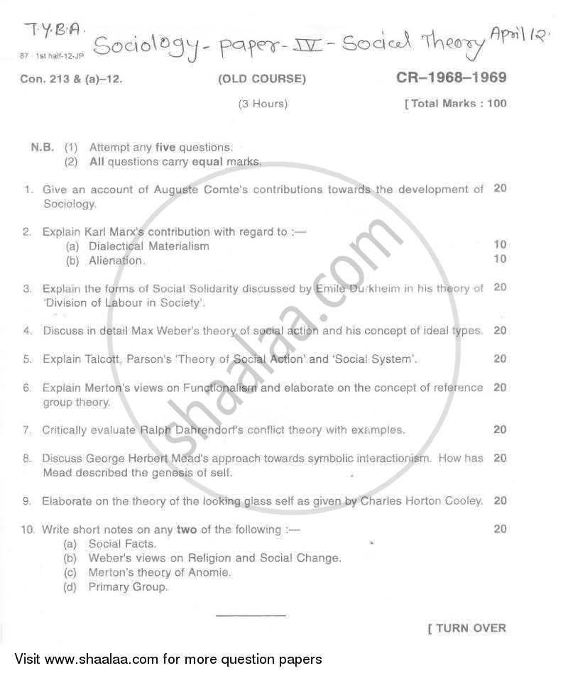 Social Theory 2011-2012 - B.A. - Semester 6 (TYBA) - University of Mumbai question paper with PDF download