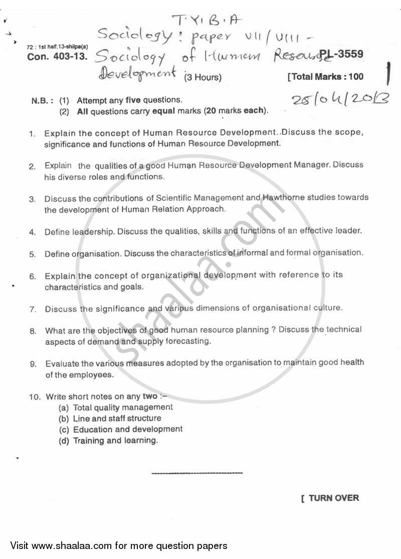 Sociology of Human Resource Development 2012-2013 - B.A. - 3rd Year (TYBA) - University of Mumbai question paper with PDF download