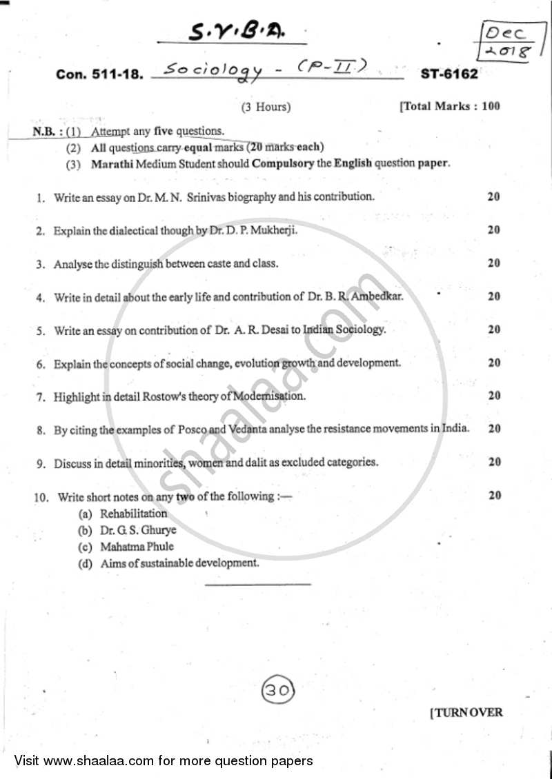 Sociology of India and Sociology of Development 2017-2018 - B.A. - 2nd Year (SYBA) - University of Mumbai question paper with PDF download