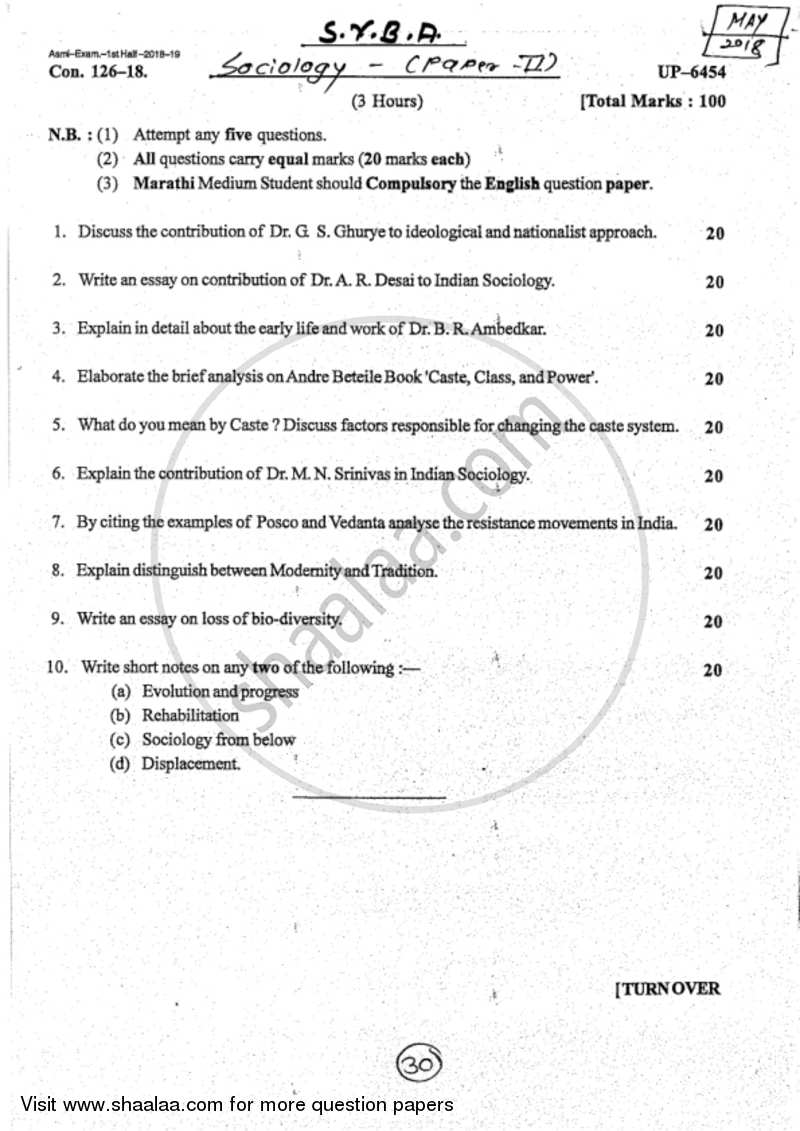 Sociology of India and Sociology of Development 2017-2018 - B.A. - 2nd Year (SYBA) - University of Mumbai question paper with PDF download