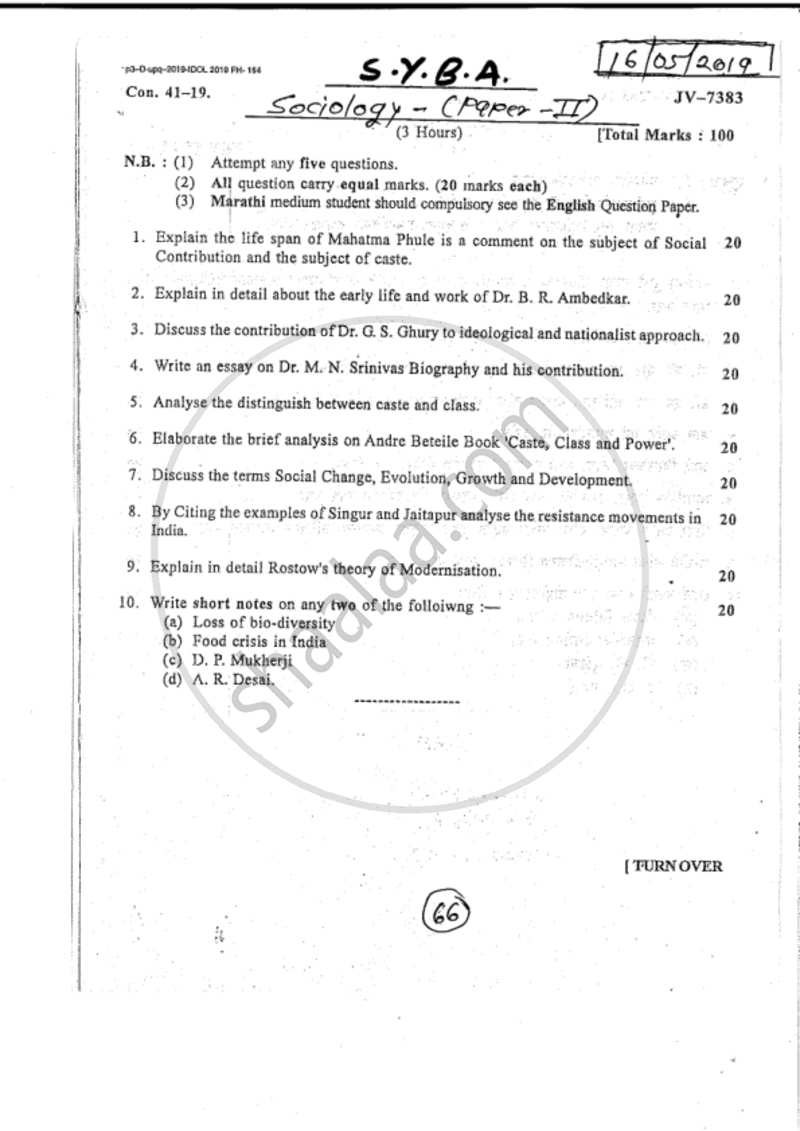 Sociology of India and Sociology of Development 2018-2019 - B.A. - 2nd Year (SYBA) - University of Mumbai question paper with PDF download