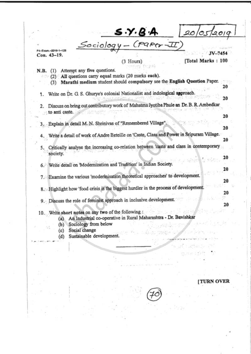 Sociology of India and Sociology of Development 2018-2019 - B.A. - 2nd Year (SYBA) - University of Mumbai question paper with PDF download