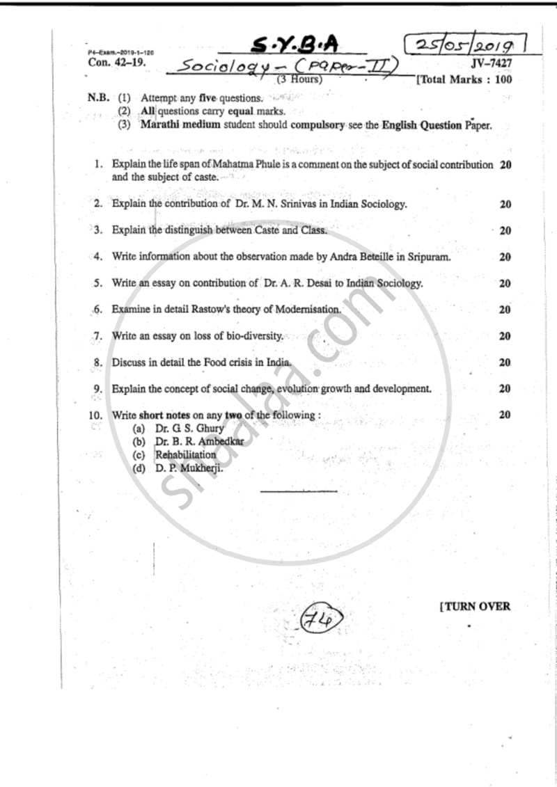 Sociology of India and Sociology of Development 2018-2019 - B.A. - 2nd Year (SYBA) - University of Mumbai question paper with PDF download