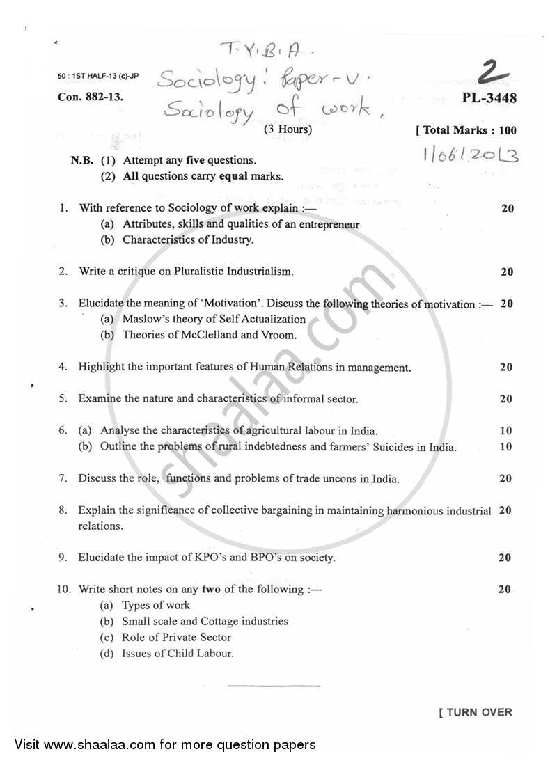 Sociology of Work 2012-2013 - B.A. - 3rd Year (TYBA) - University of Mumbai question paper with PDF download