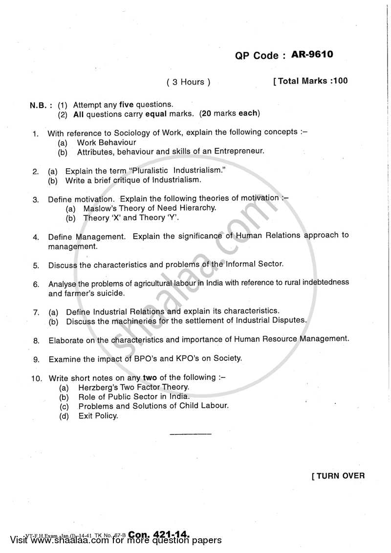 Sociology of Work 2013-2014 - B.A. - 3rd Year (TYBA) - University of Mumbai question paper with PDF download