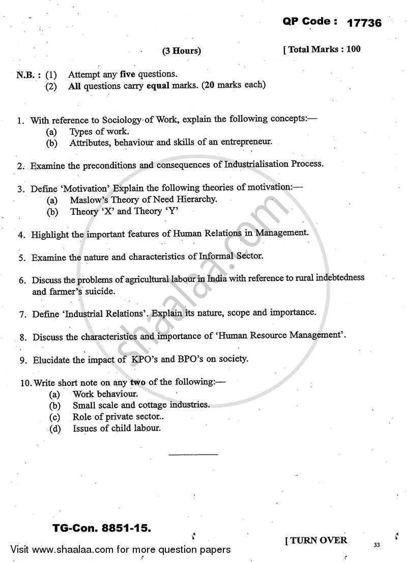 Sociology of Work 2014-2015 - B.A. - 3rd Year (TYBA) - University of Mumbai question paper with PDF download
