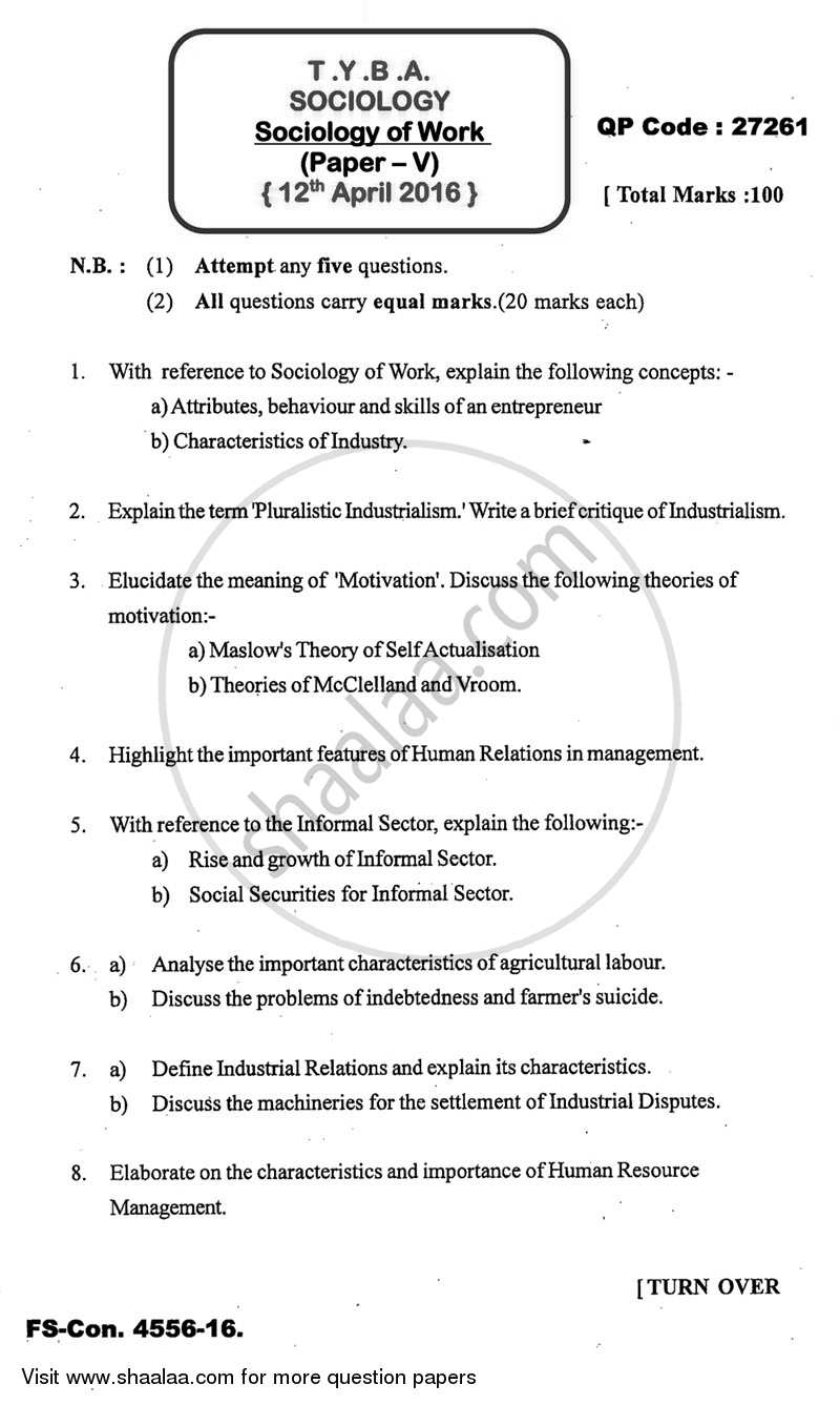 Sociology of Work 2015-2016 - B.A. - 3rd Year (TYBA) - University of Mumbai question paper with PDF download