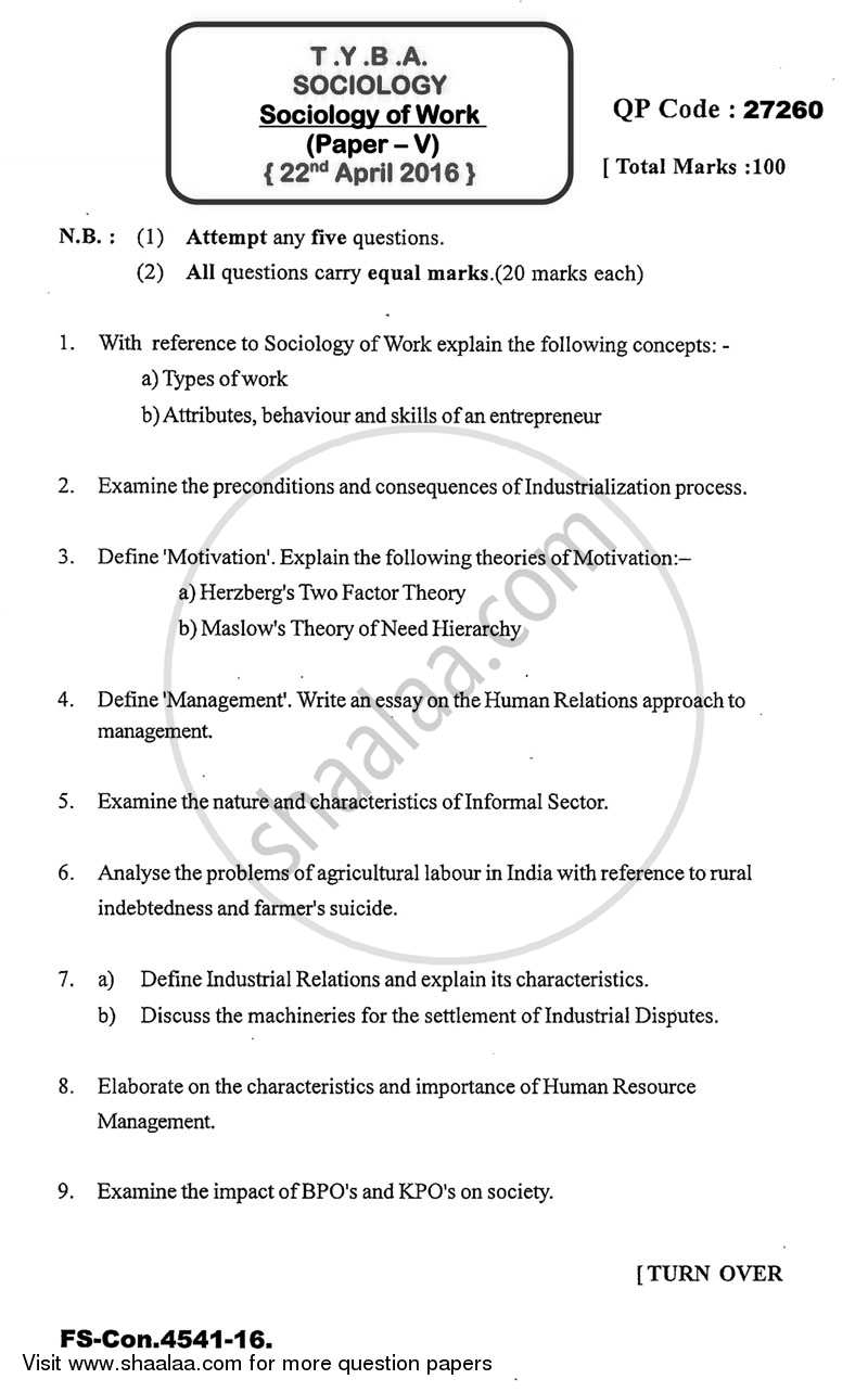 Sociology of Work 2015-2016 - B.A. - 3rd Year (TYBA) - University of Mumbai question paper with PDF download