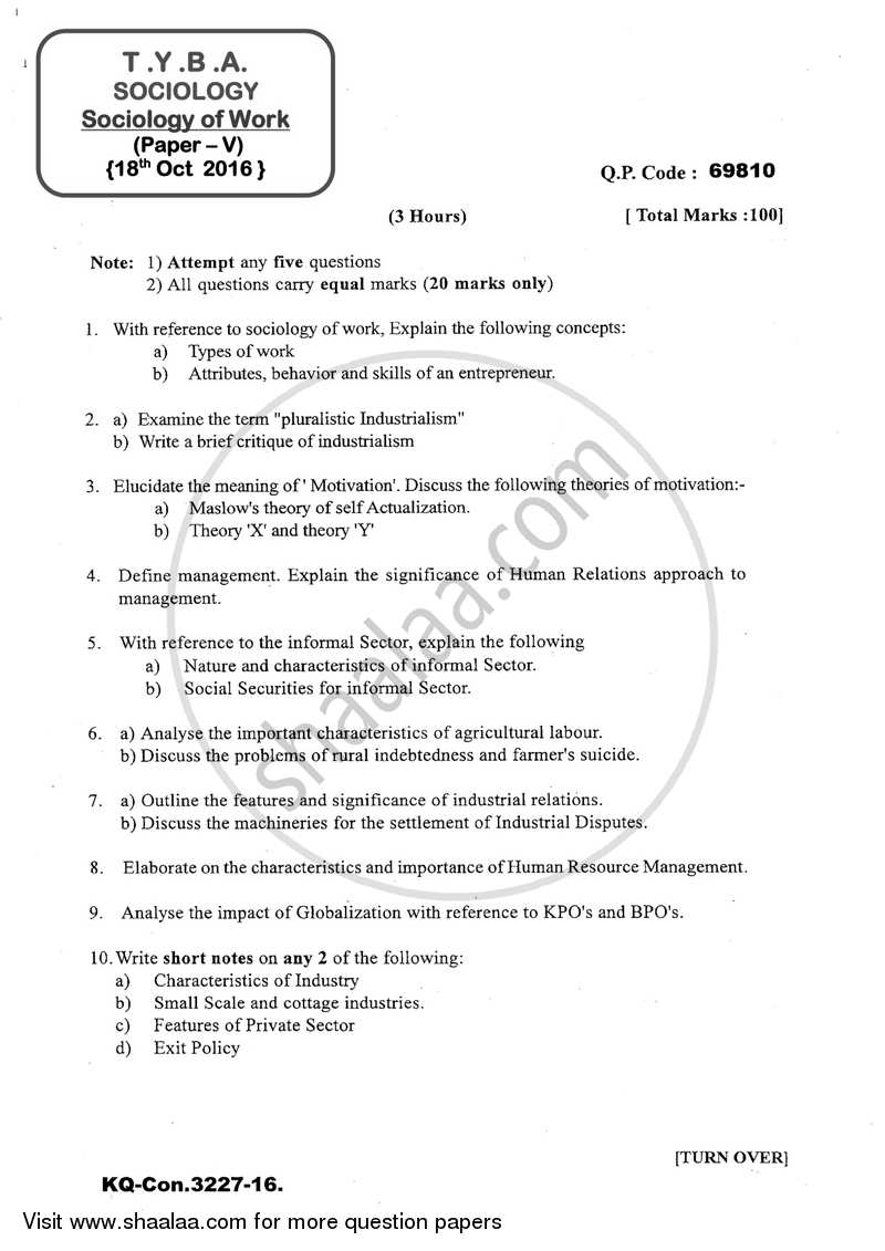 Sociology of Work 2016-2017 - B.A. - 3rd Year (TYBA) - University of Mumbai question paper with PDF download