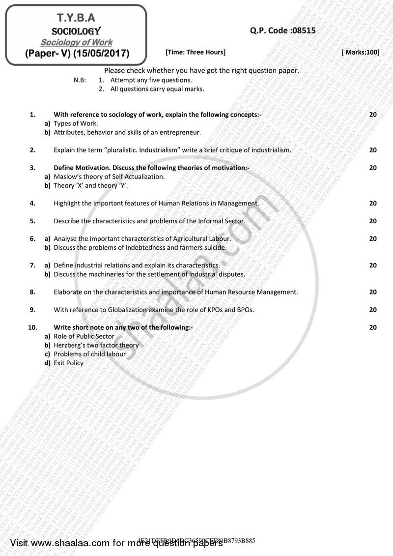 Sociology of Work 2016-2017 - B.A. - 3rd Year (TYBA) - University of Mumbai question paper with PDF download