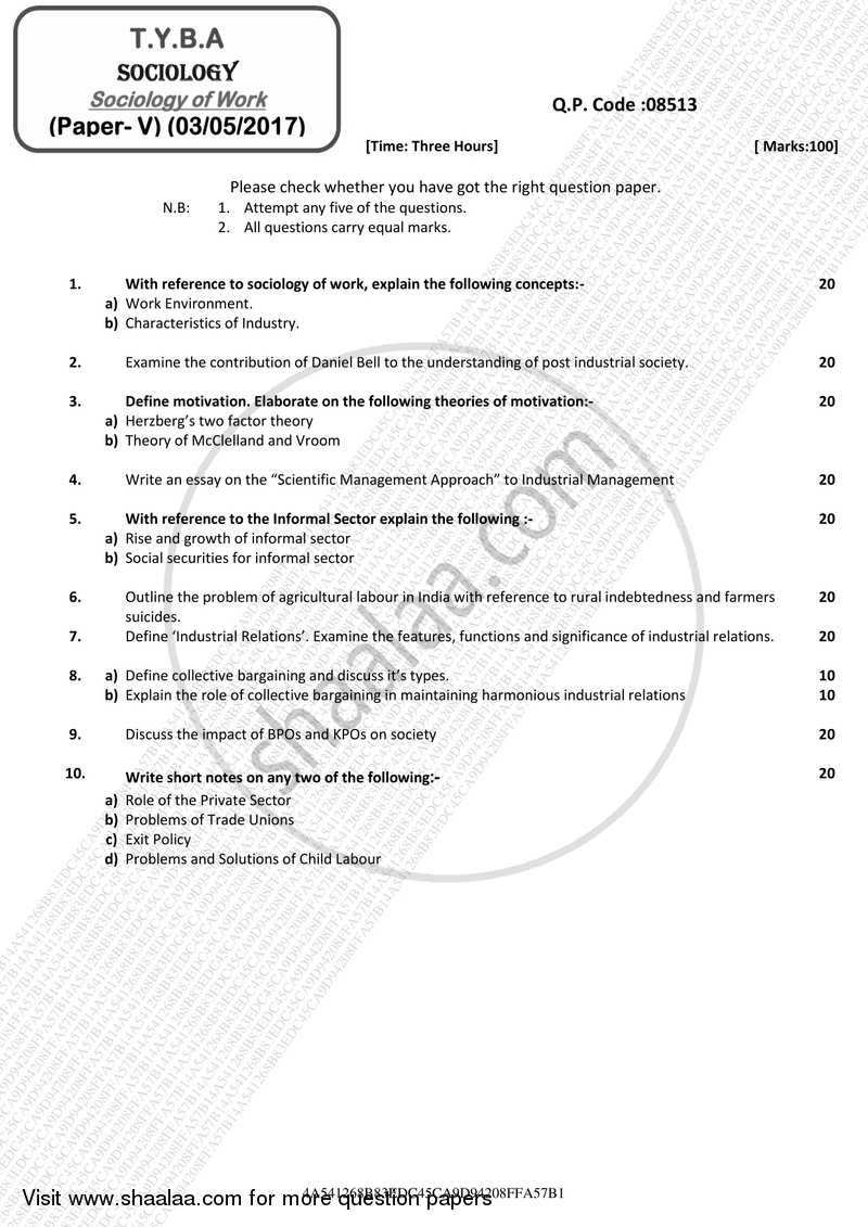 Sociology of Work 2016-2017 - B.A. - 3rd Year (TYBA) - University of Mumbai question paper with PDF download