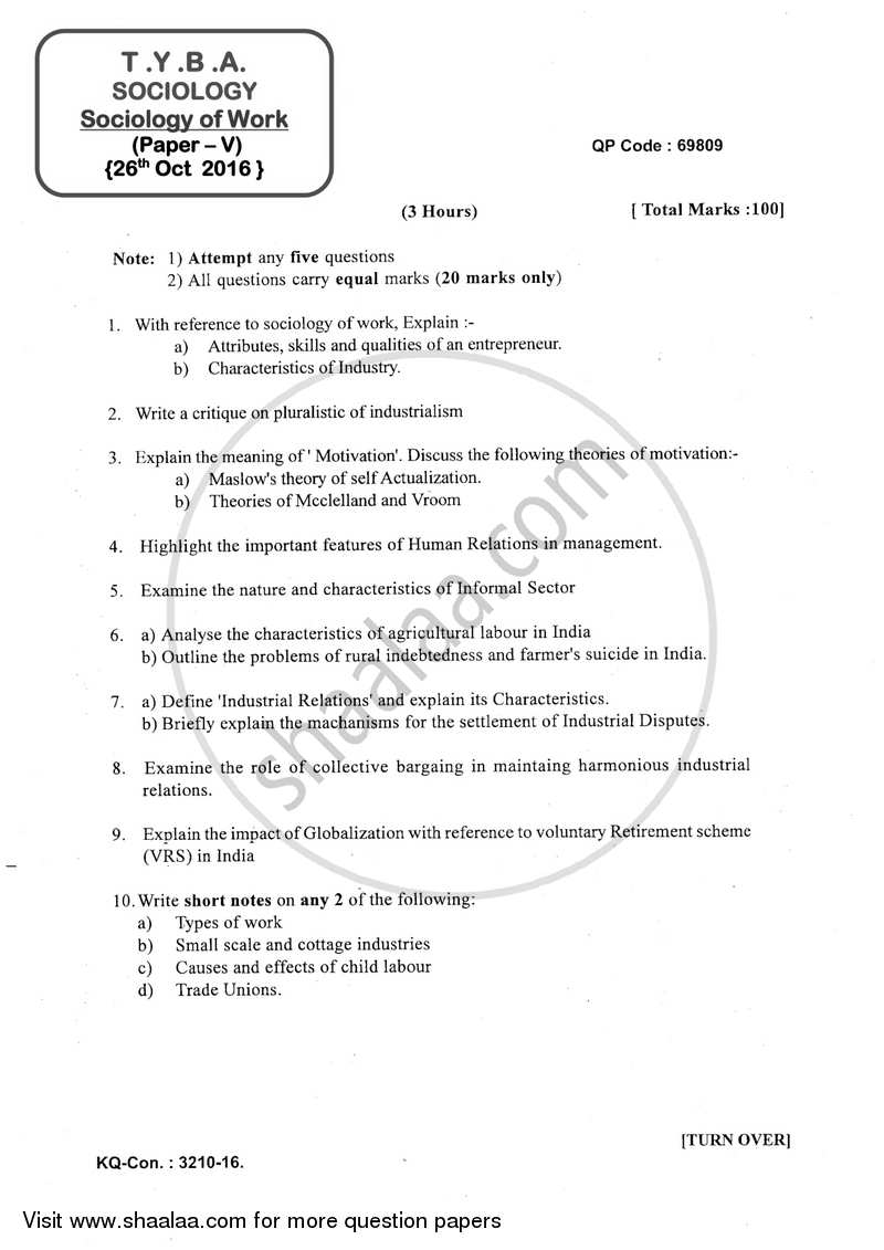 Sociology of Work 2016-2017 - B.A. - 3rd Year (TYBA) - University of Mumbai question paper with PDF download