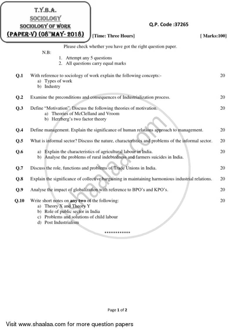 Sociology of Work 2017-2018 - B.A. - 3rd Year (TYBA) - University of Mumbai question paper with PDF download