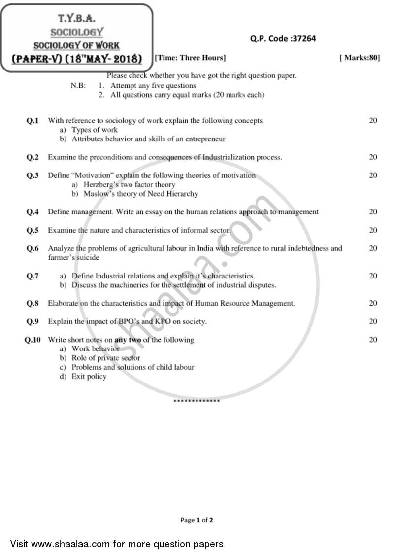Sociology of Work 2017-2018 - B.A. - 3rd Year (TYBA) - University of Mumbai question paper with PDF download