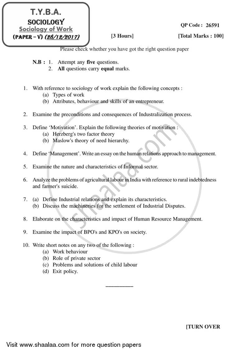 Sociology of Work 2017-2018 - B.A. - 3rd Year (TYBA) - University of Mumbai question paper with PDF download